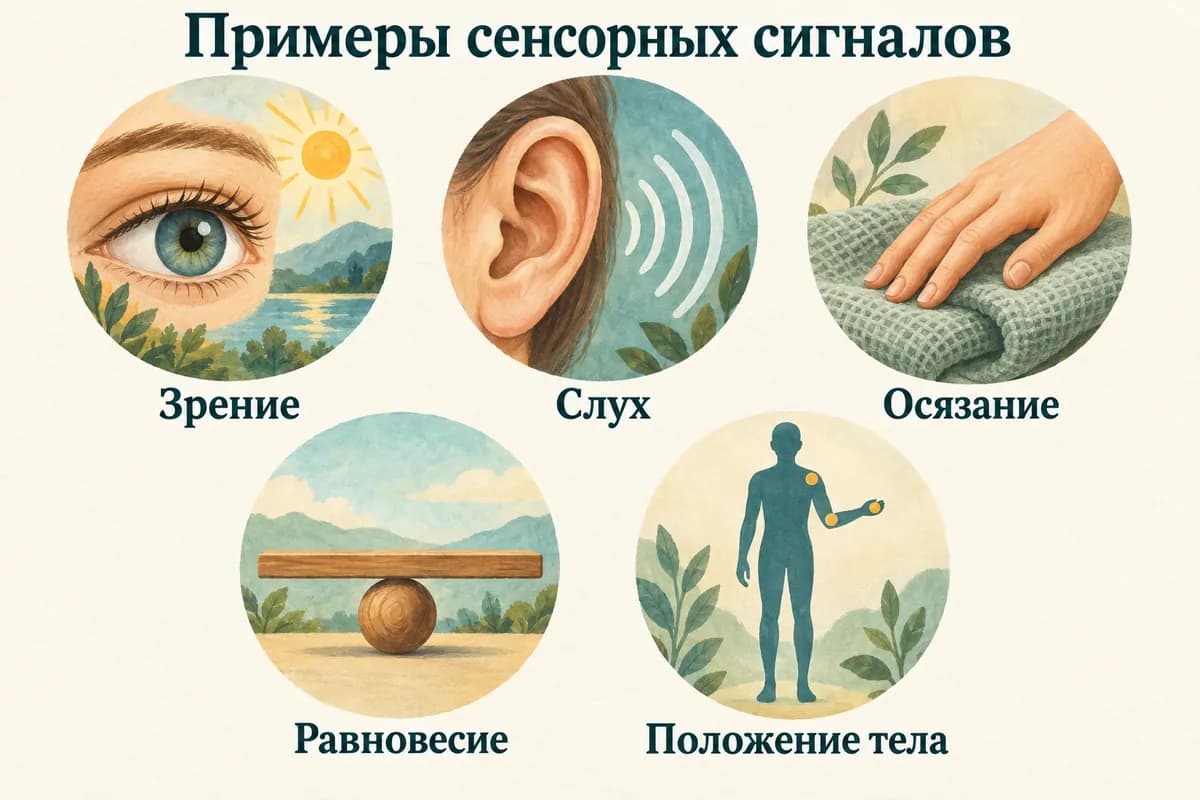 Примеры сенсорных сигналов: зрение, слух, осязание, равновесие и положение тела.