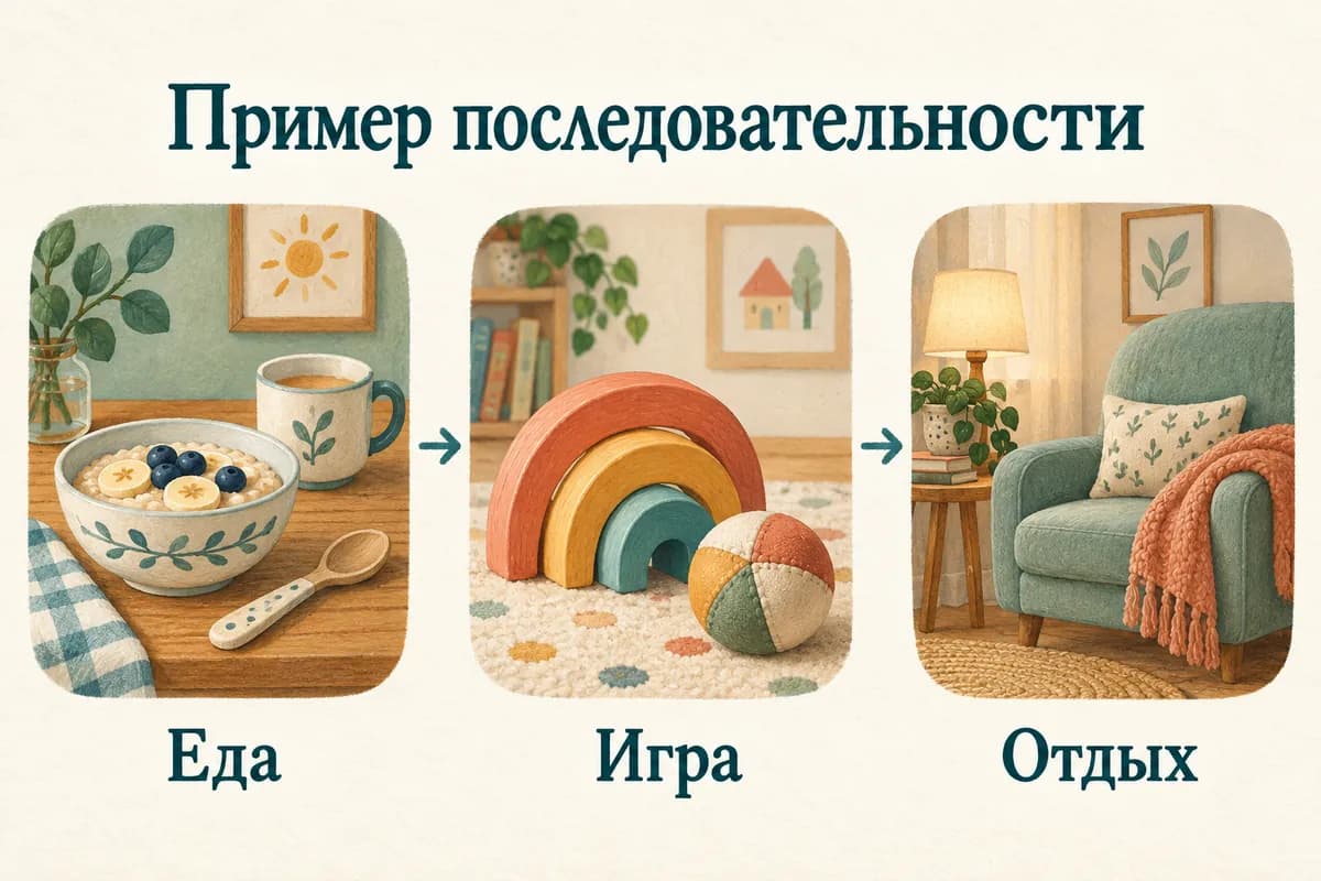 Пример понятной последовательности занятий: еда, игра и отдых.