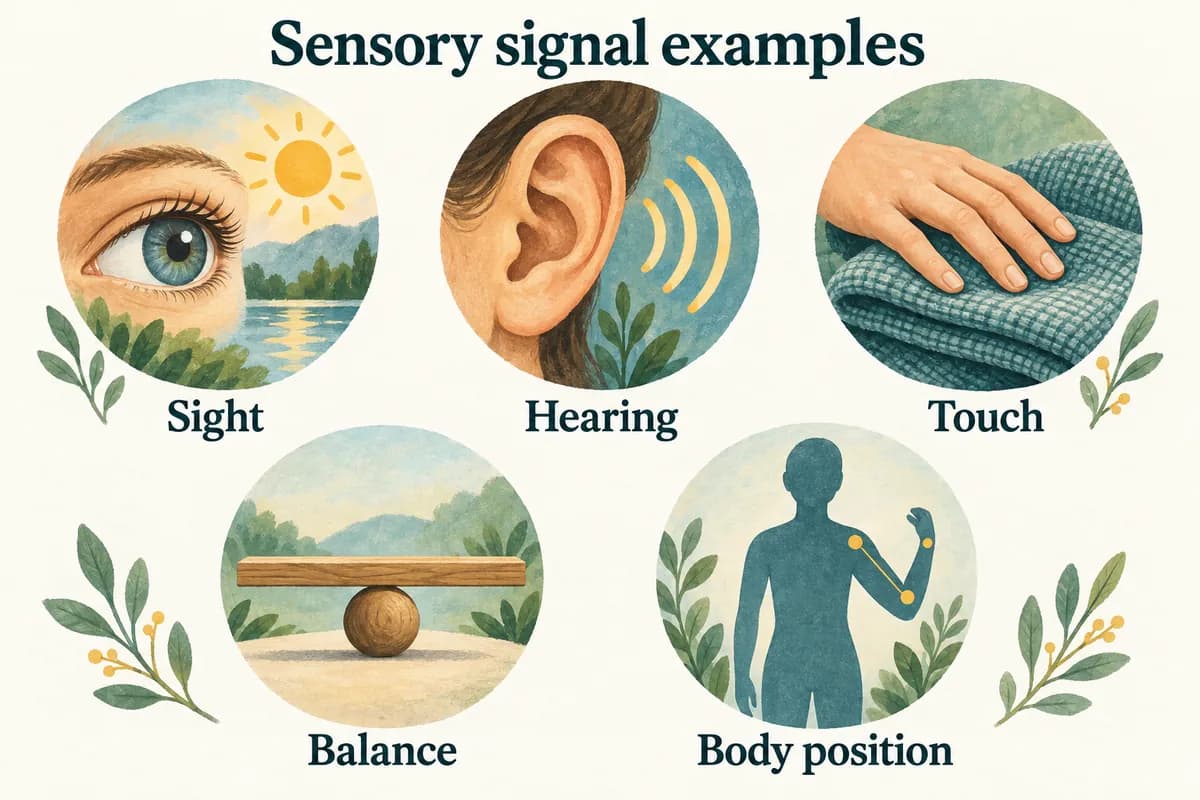 Examples of sensory signals: sight, hearing, touch, balance and body position.