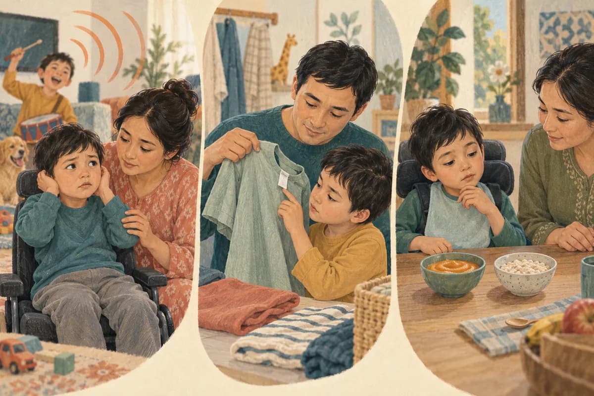Everyday sensations: a loud sound, a clothing tag and food texture.