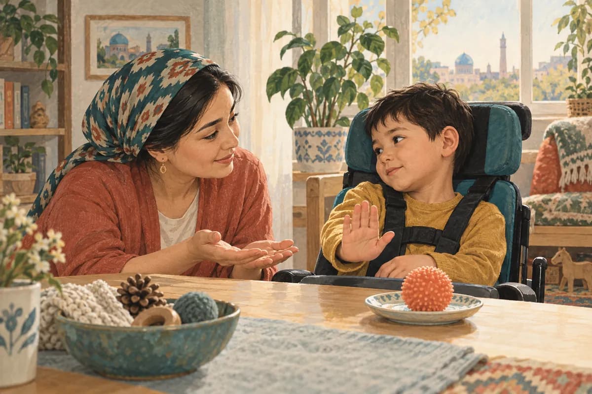 A mother listens to a child who raises a hand to decline an object.