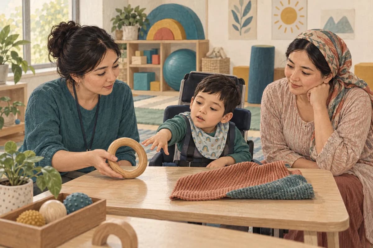 A specialist offers a child a wooden ring, with textured fabrics on the table.
