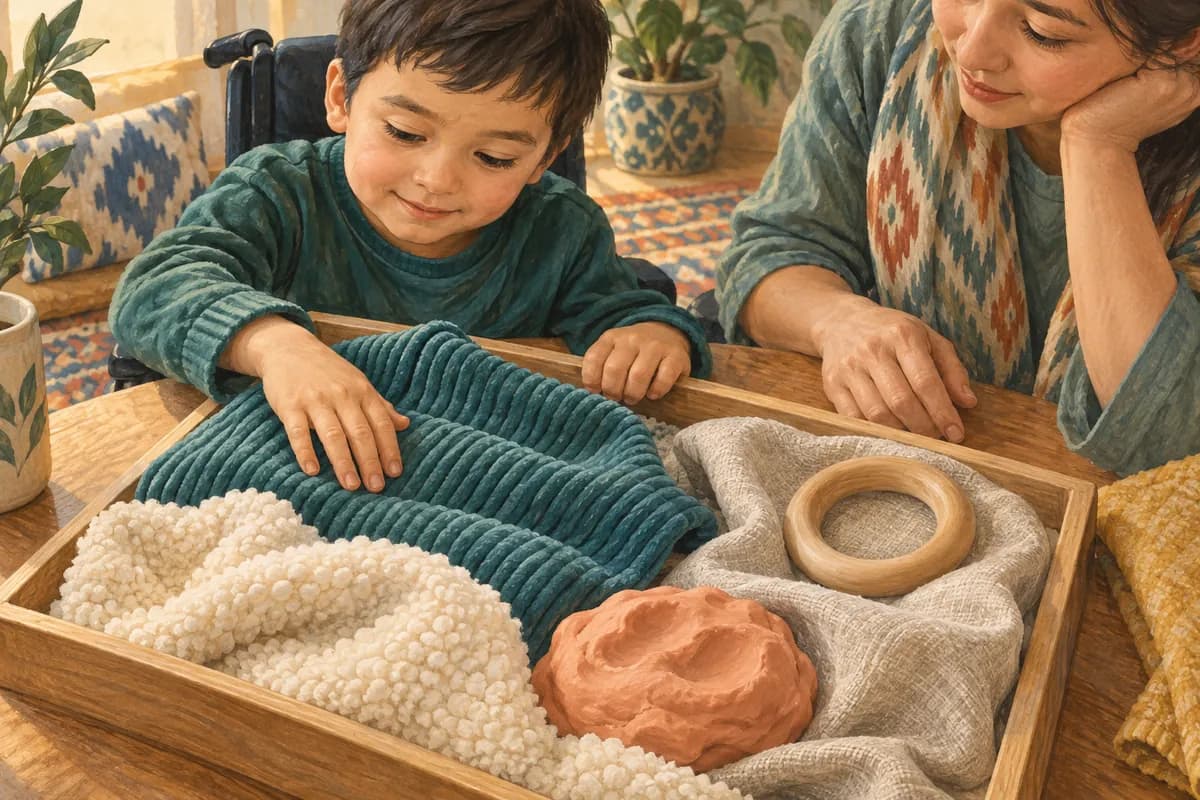 A child touches textured fabric beside their mother; a tray holds soft materials, a ring and dough.