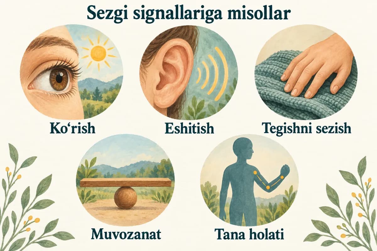 Sezgi signallariga misollar: ko'rish, eshitish, tegishni sezish, muvozanat va tana holati.