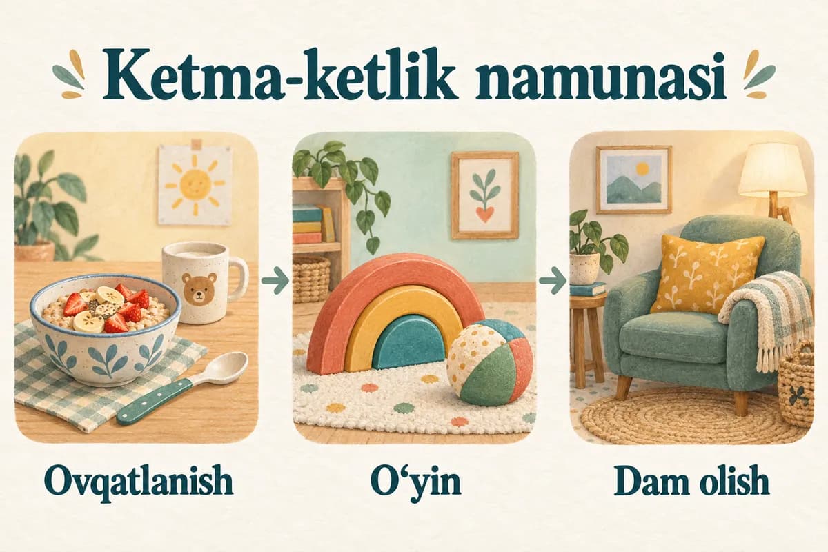 Mashg'ulotlarning tushunarli ketma-ketligiga misol: ovqatlanish, o'yin va dam olish.