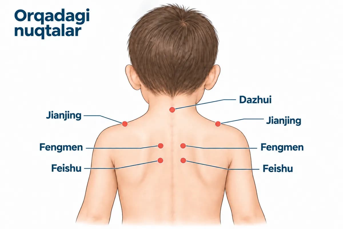Bolaning orqasidagi Fengmen va Feishu nuqtalarining joylashuvi: umurtqa pog'onasining ikki tomonida juft-juft, Dazhui nuqtasi va yelkalardagi Jianjing nuqtalaridan pastda