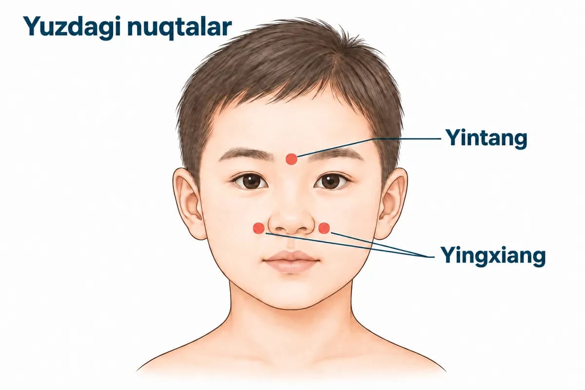 Bolaning yuzidagi nuqtalar: qoshlar orasidagi Yintang va burun qanotlari yonidagi Yingxiang — uchinchi usul uchun mo'ljal