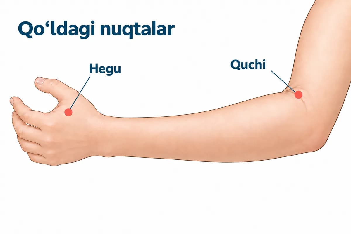 Bolaning qo'lidagi nuqtalar: tirsak burmasidagi Quchi va kaftda bosh barmoq bilan ko'rsatkich barmoq orasidagi Hegu