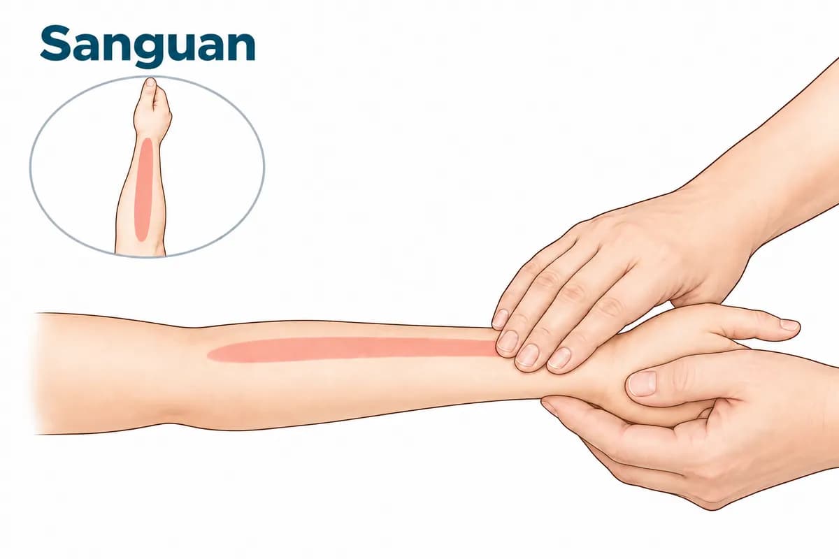 Bolaning bilagidagi Sanguan sohasi: bilak bo'g'imidan tirsakkacha cho'zilgan yo'l, shu bo'ylab massaj qilinadi