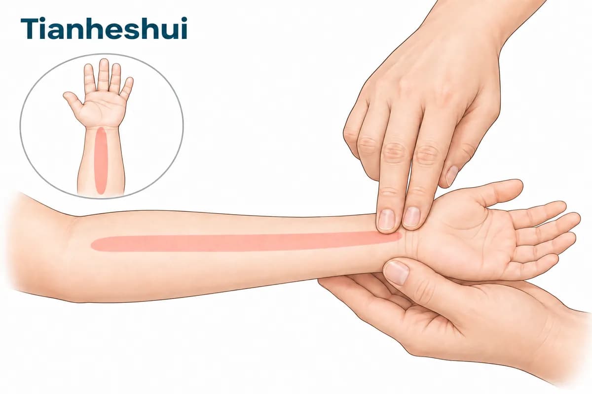 Bolaning bilagi ichki tomonining markazi bo'ylab Tianheshui sohasi: massaj ikkita barmoq bilan shu chiziq bo'ylab bajariladi