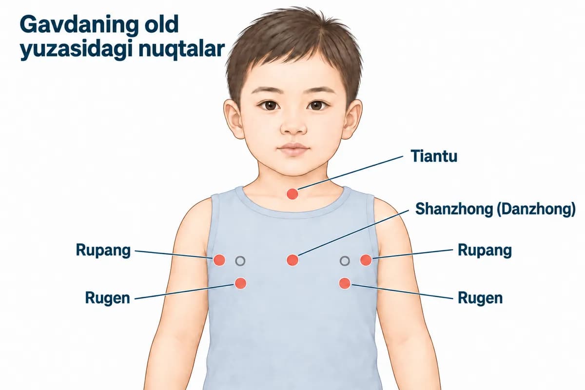 Bolaning tana old yuzasidagi Tiantu va Shanzhong nuqtalari: Tiantu — to'sh suyagi ustidagi chuqurchada, Shanzhong — ikki ko'krak uchi o'rtasida
